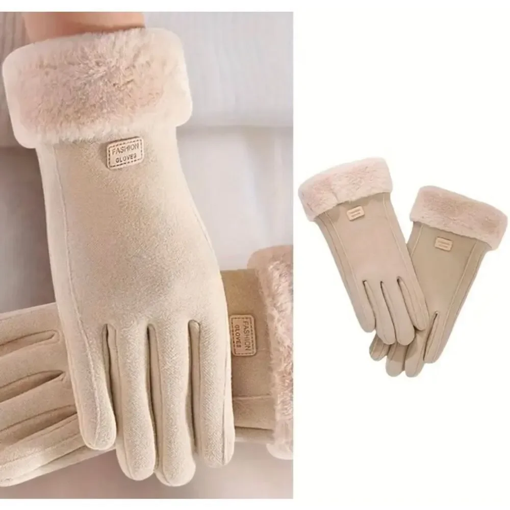 Women’s Beige Thermal Winter Gloves Faux Fur Cuff Touchscreen Compatible